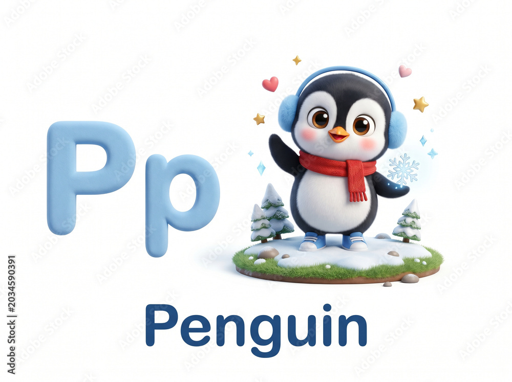 Naklejka premium Cute 3D Letter P Penguin Character Educational Alphabet Illustration