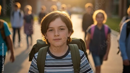 Portrait of a focused neurodivergent boy with backpack at school campus during sunset