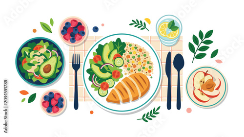 Foto Healthy balanced meal set with salad and fresh bread illustration