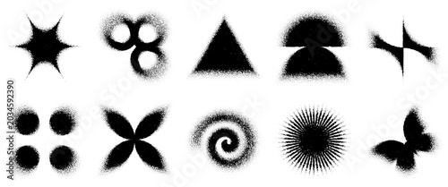 Blurred grainy triangle and gradient noise vortex, dotted ring or butterfly. Pattern texture of sun ang modern spark star with swirl burst spray. Blend flower paint for semicircle y2k abstract stencil
