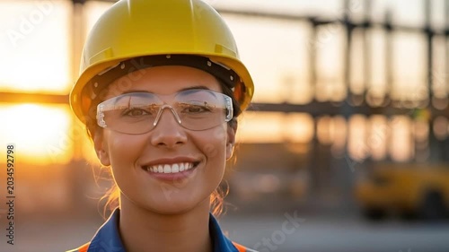 Smiling Female Civil Engineer in Yellow Hard Hat and Safety Glasses at Sunset Construction Site