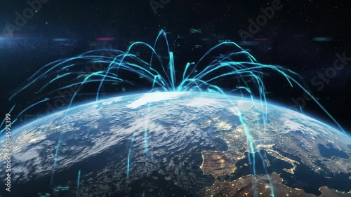 Earth from deep space at night, slowly rotating. Illuminated city lights and electric blue digital network animating globally. Concept of digital age connectivity