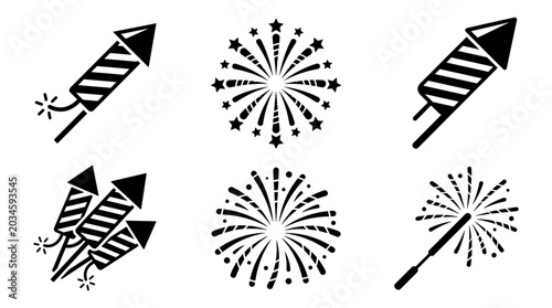 Collection of black and white fireworks icons and rockets for celebrations and holidays
