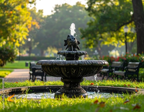 Ornate Stone Fountain Spraying Water in Sunlit Green City Park