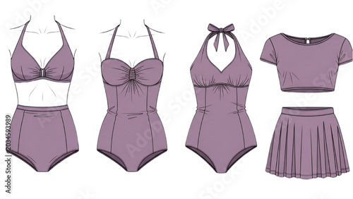 Vászonkép Fashion designer creates 2D CAD Vector illustrations of women's purple swimsuits
