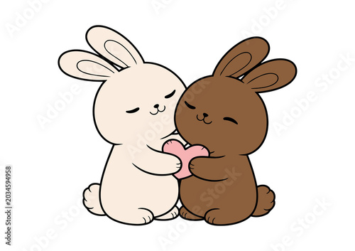 Cute cartoon rabbit and bunny hugging together in friendly embrace isolated on transparent background