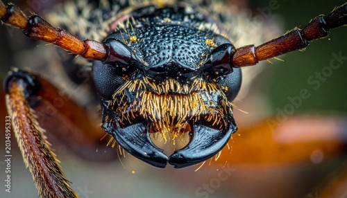 Extreme Close-Up of a Longhorn Beetles Mandibles and Antennae.