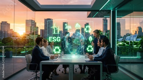 Diverse business team collaborates on ESG strategy with holographic projections in modern office overlooking cityscape at sunset.