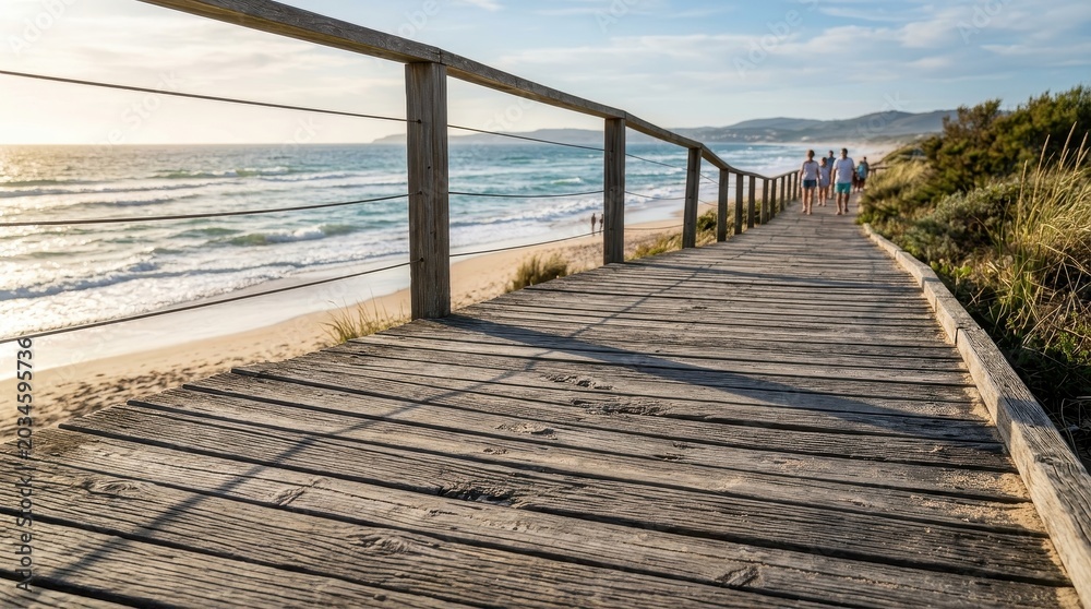 Obraz premium People strolling along a sun-drenched wooden boardwalk beside a sandy beach and the vast ocean under a clear sky.