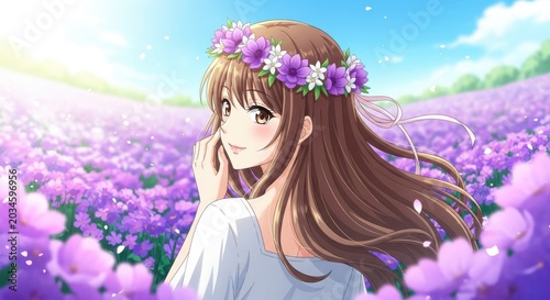 Anime-style young woman wearing a flower crown in a vibrant lavender field under bright sunlight, capturing beauty, serenity, and the colorful essence of spring