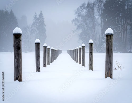 Snow Covered Wooden Posts Lined in Foggy Winter Landscape