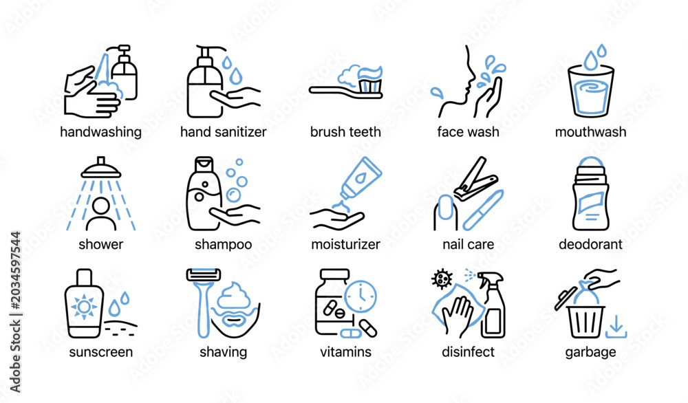 Fototapeta premium Personal hygiene and care icons showing bathroom routines and products