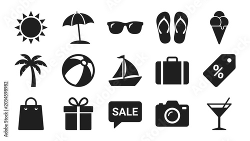 Set of summer vacation icons featuring travel essentials and seasonal sale symbols in minimalist style