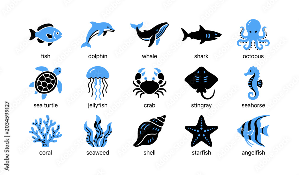 Fototapeta premium Marine life icons showing fish sea creatures and coral elements