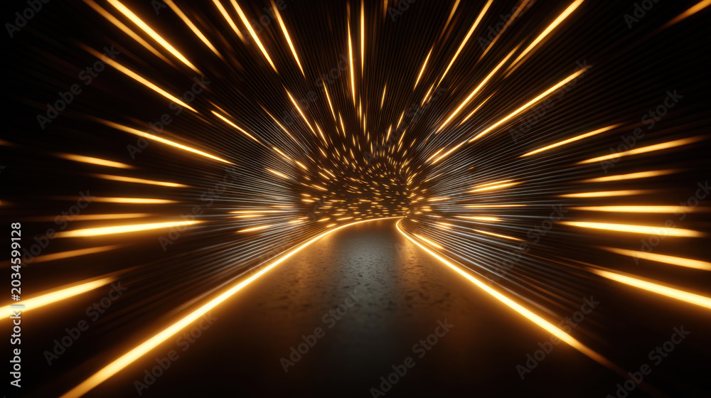 Obraz premium Golden light tunnel glowing line abstract motion dark road speed effect radiant burst curved path futuristic scene