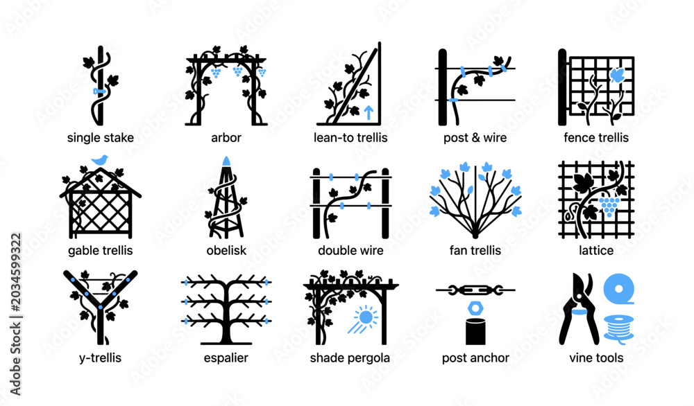 Naklejka premium Vine trellis and training icons showing support structures