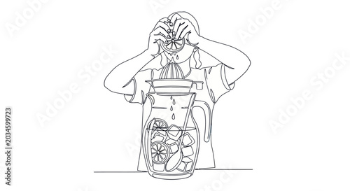 Vászonkép Person squeezing fresh citrus into pitcher with fruit for homemade lemonade