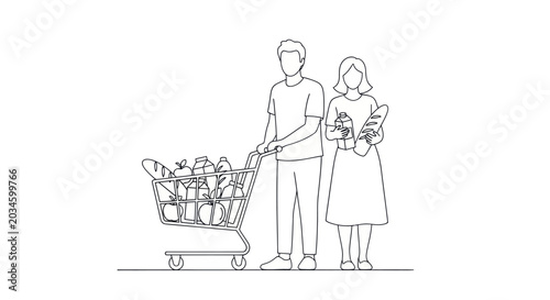 Tableau sur toile Couple with Full Shopping Cart Grocery Store Line Art Illustration