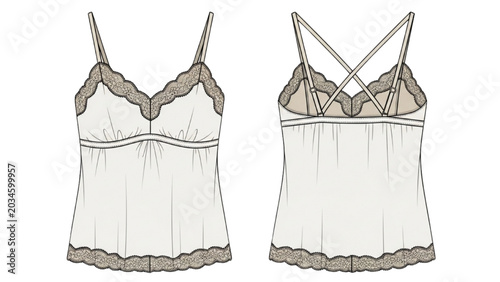 Foto Illustration shows a beige camisole with brown trim from front and back