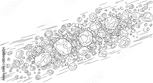 Canvastavla Abstract line art of tumbling rocks and pebbles in motion, black and white illus