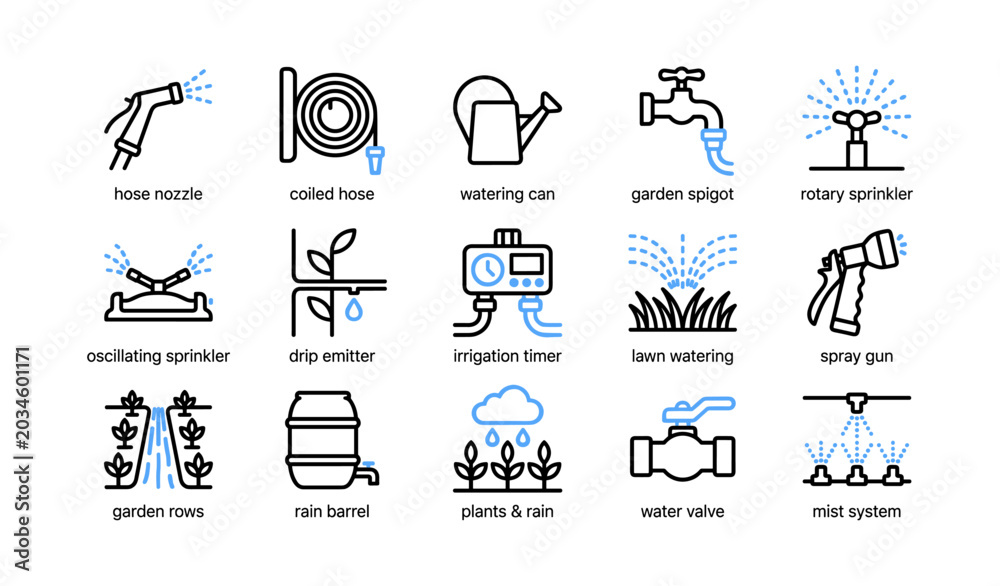 Fototapeta premium Garden watering icons showing hoses sprinklers on white grid