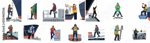 Photos Vector Illustration Collection of Maritime Pilots and Crew Members Performing Va