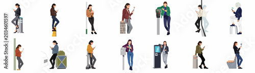 Foto Set of young women in leather jackets and jeans using smartphones while leaning on various urban elements in a flat vector illustration style