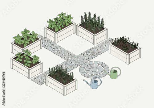 Raised Garden Beds with Plants and Watering Cans.