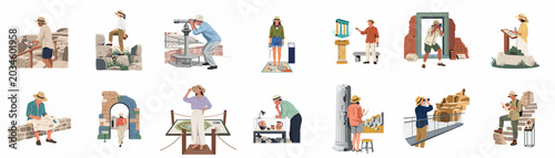 Tablou pe pânză Collection of flat illustrations showing tourists and travelers exploring ancient ruins, historical sites, and museum exhibits