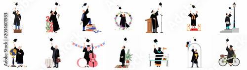 Foto Large set of diverse graduates of all ages throwing their academic caps in the air, celebrating success and lifelong learning in flat illustration style