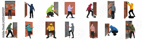 Photos Set of flat illustrations featuring graffiti artists in hoodies painting on industrial metal roll-up garage doors with spray cans