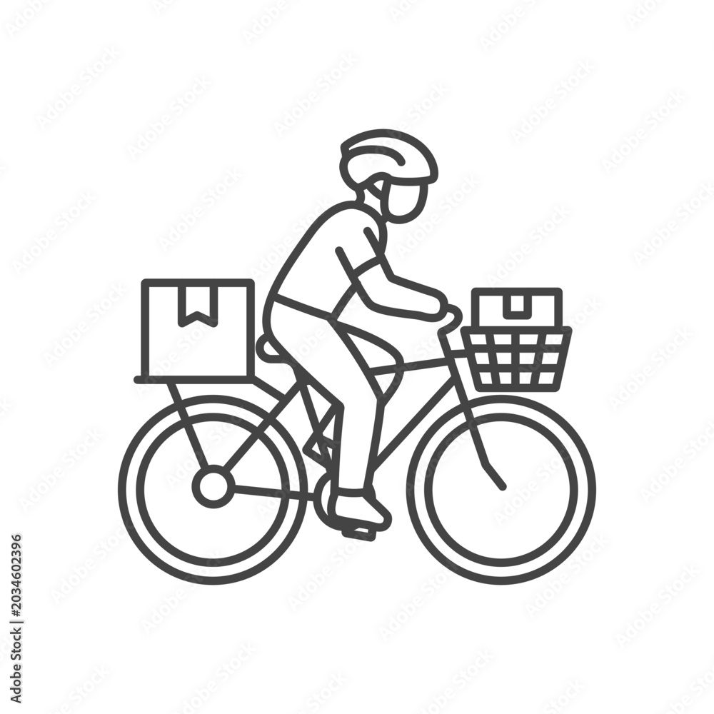 Fototapeta premium Delivery Boy Riding Bicycle with Cargo Box Outline Vector Icon