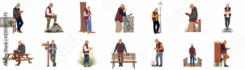 Canvastavla Vector set of a young man in autumn attire reading, writing, and sketching in diverse outdoor park and nature environments