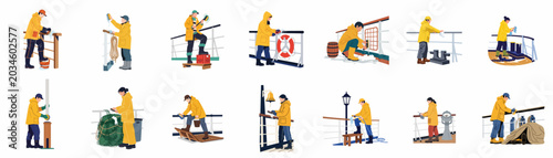 Foto Collection of sailors in yellow raincoats performing various maintenance and cleaning tasks on a ship deck, flat style vector illustration set