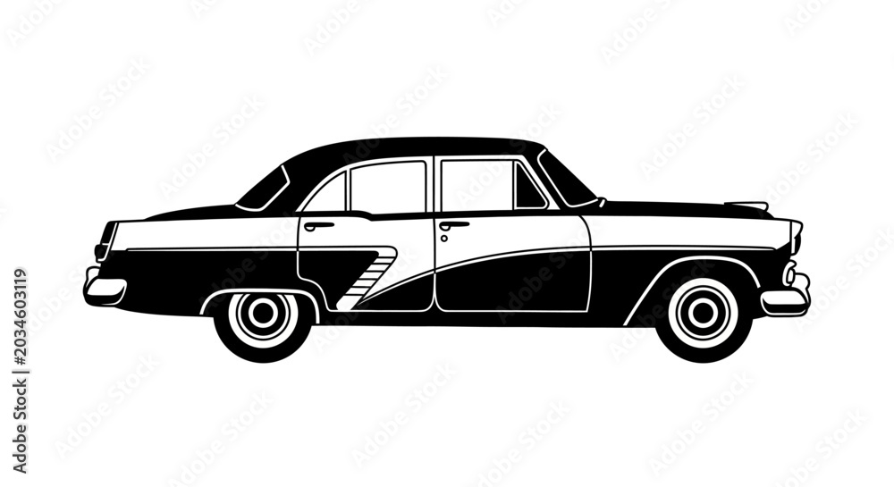Fototapeta premium Black and white vintage sedan car side view graphic