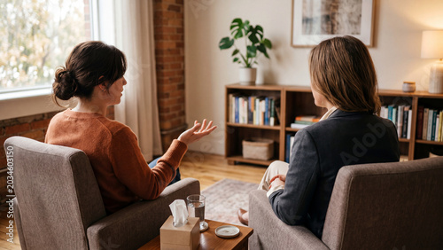 Woman talking to a professional therapist during a private counseling session in office