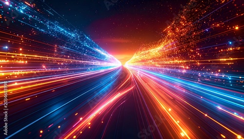 Vibrant streaks blaze through cosmic voids. Blue and gold trails rush toward radiant center