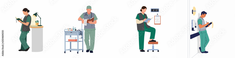 Fototapeta premium Set of diverse medical professionals in scrubs performing documentation and clinical duties in various hospital settings, isolated flat vector illustration.