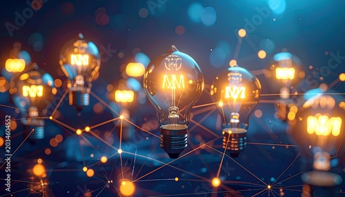 Golden bulbs glow against a deep blue background. Lightbulbs connect with glowing lines