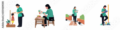 Photos Vector illustrations of a community health worker performing child growth monitoring, nutrition education, field surveys, and home visits