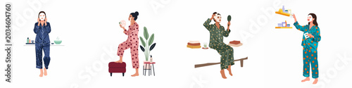 Foto Collection of diverse women in pajamas practicing their nightly skincare routine by applying hydrating sheet masks at home