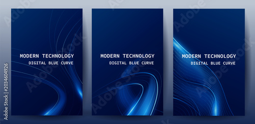 Modern Glow Blue Curve Lines on Dark Background Poster Set