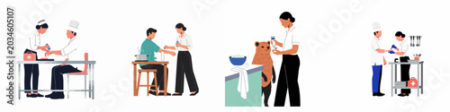 Bild auf Leinwand Vector illustration set showing scenes of first aid treatment for burns and minor injuries in professional and domestic kitchen environments