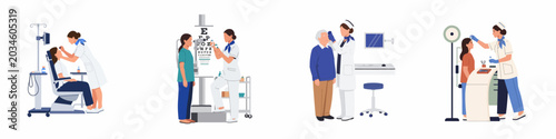 Cuadro en lienzo Set of flat vector illustrations depicting ophthalmologists and nurses conducting eye examinations, vision tests, and medical procedures for patients in a clinic