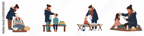 Foto Vector illustration of a woman providing medical aid and care to sick children in a temporary shelter or refugee camp during winter