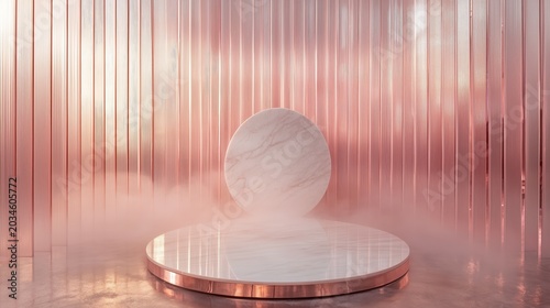 Round marble pedestal podium with geometric circle on rose gold backdrop in luxury minimalist studio 3d render style for premium product presentation advertising cosmetics display banner