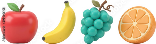 A high quality collection of 3D rendered cartoon style fruits including a glossy red apple a ripe yellow banana a bunch of turquoise grapes and a single slice of juicy orange citrus fruit
