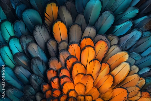 Detailed macro view of parrot bird plumage in vibrant contrast color palette macro abstract photography style for textile fabric print fashion wallpaper design seamless texture backdrop