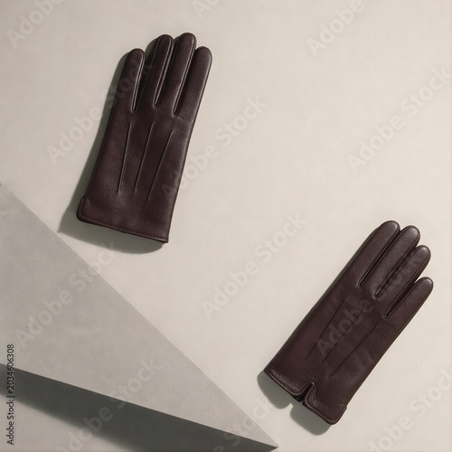  Elegant Brown Leather Gloves On Minimal Neutral Background, Luxury Winter Fashion Accessory