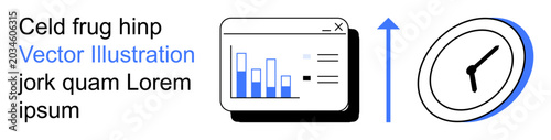 Business strategy, time management, performance tracking, productivity, growth analysis, efficiency. Bar chart window, clock upward arrow. Time management and performance tracking concept
